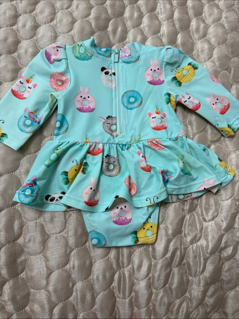Posh Peanut Aqua Long-Sleeve One-Piece Swim Dress with Animal & Donut Print